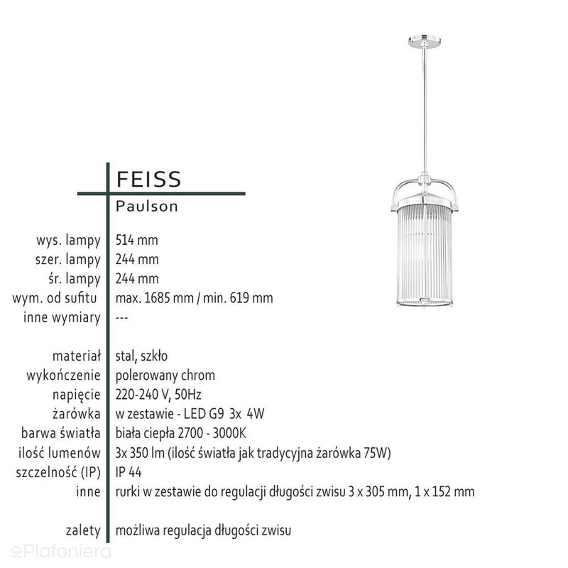 Lampa wisząca do łazienki Paulson chrom -  Feiss (24cm, G9 3x4W)