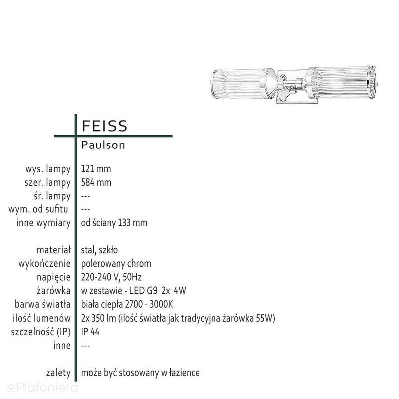 Lampa do łazienki szer.58cm ścienna szklana - kinkiet chrom (G9 2x4W) Feiss (Paulson)