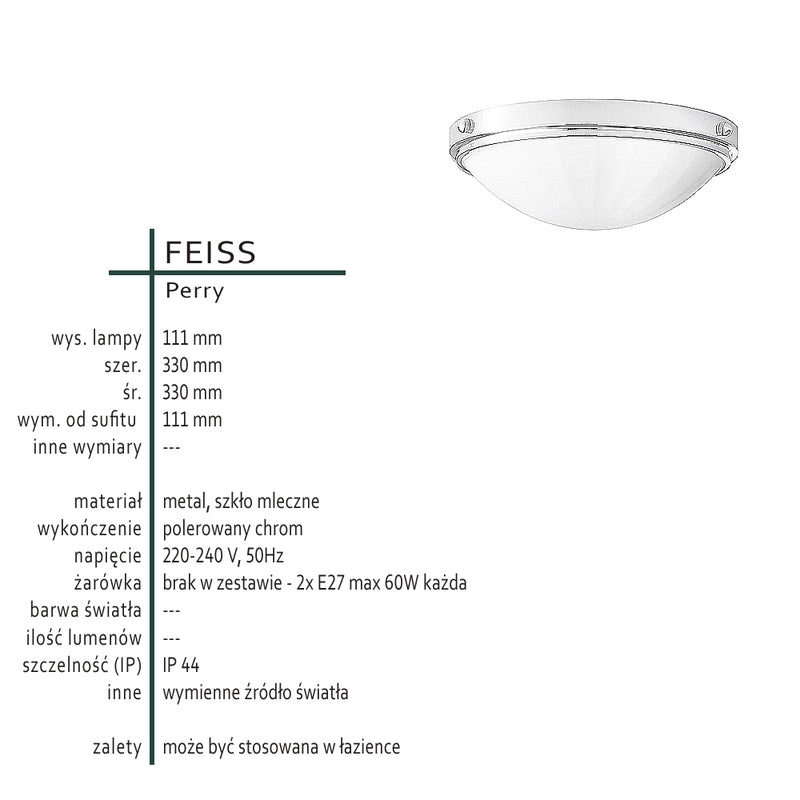 Klasyczna lampa sufitowa, plafon do łazienki kuchni, 2xE27, Feiss (Perry)