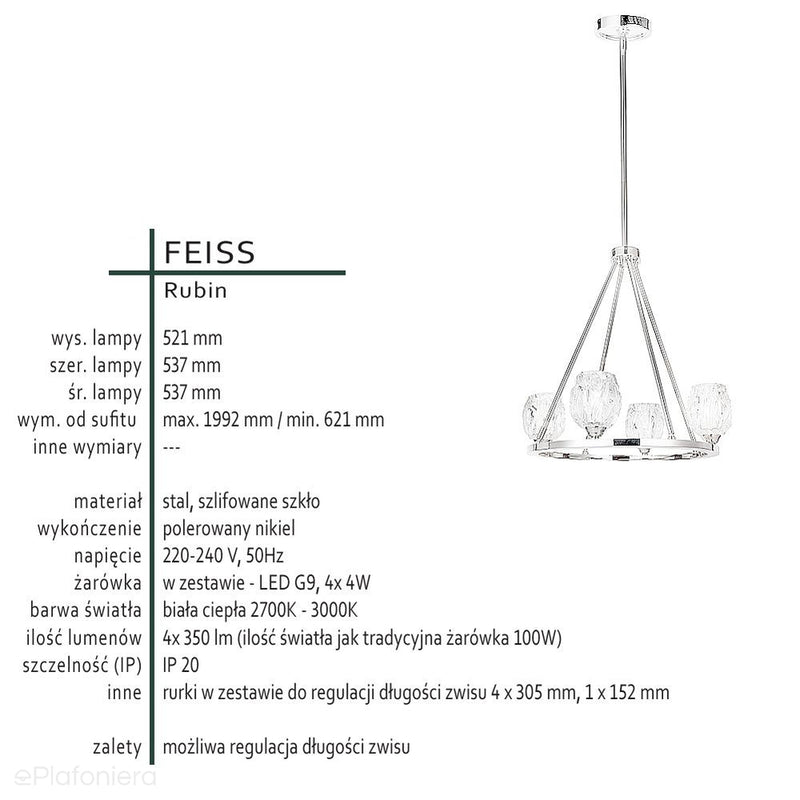 Lampa wisząca - żyrandol 54cm (szlifowane szkło, nikiel) do sypialni salonu kuchni (G9 4x4W) Feiss (Rubin)