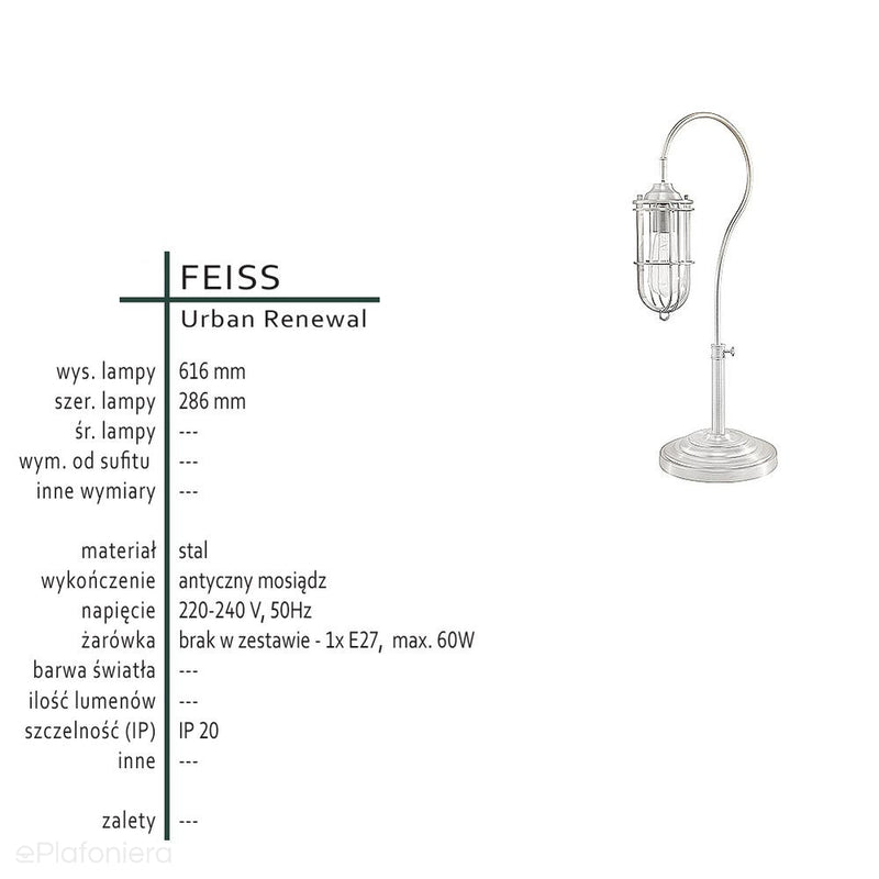 Loftowa, industrialna lampa stojąca stołowa (antyczny mosiądz) (1xE27) Feiss (UrbanRWL)