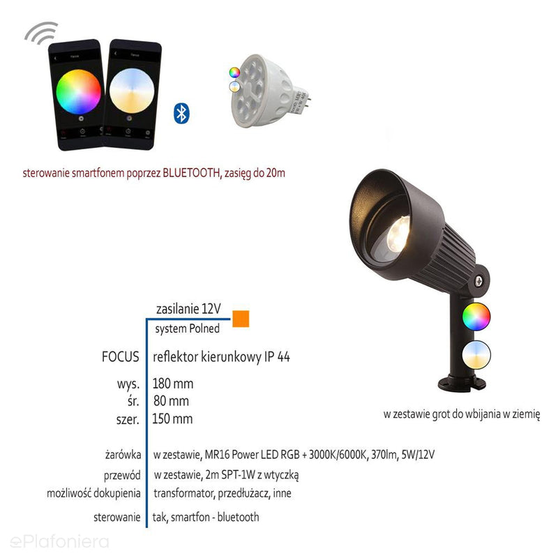 Reflektor kierunkowy, lampa ogrodowa zewnętrzna IP 44 (5W, Smart RGB+3000K-6000K) (system 12V LED) Focus