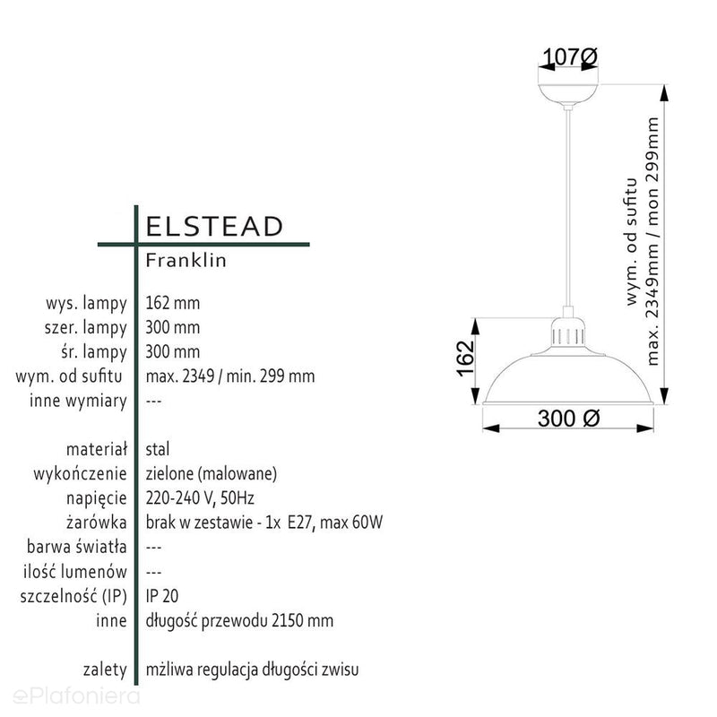 Jasnozielona lampa vintage / loftowa Franklin - Elstead, lampa wisząca do kuchni (1xE27)