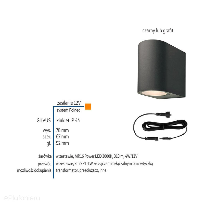 Lampa zewnętrzna - kinkiet, ogrodowa grafit/czarny IP 44 (4W, 3000K) (system 12V LED) Gilvus