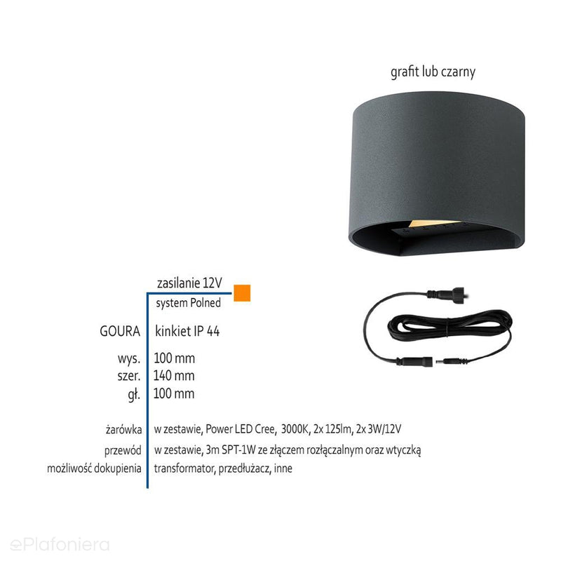Lampa zewnętrzna - kinkiet, ogrodowa grafit/czarny IP 44 (2x3W, 3000K) (system 12V LED) Goura