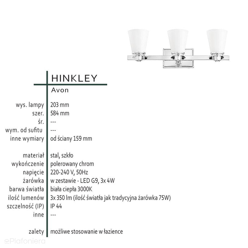 Lampa ścienna do łazienki Avon z IP44 - Hinkley (szkło, chrom, G9 3x4W) barwa ciepła 300K