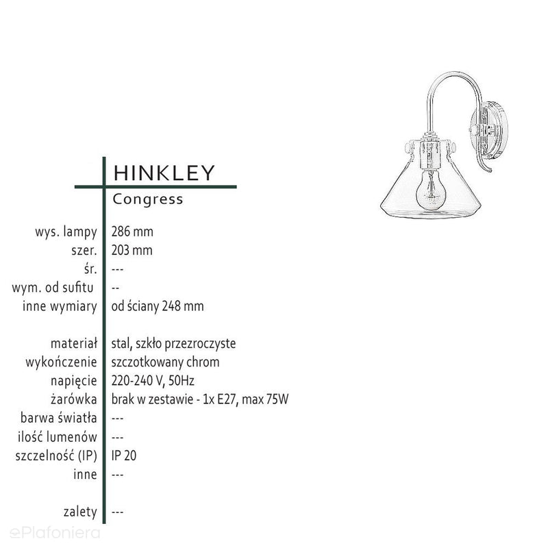 Lampa ścienna / kinkiet Congress (szczotkowany chrom) - Hinkley, klosz 20cm / 1xE27