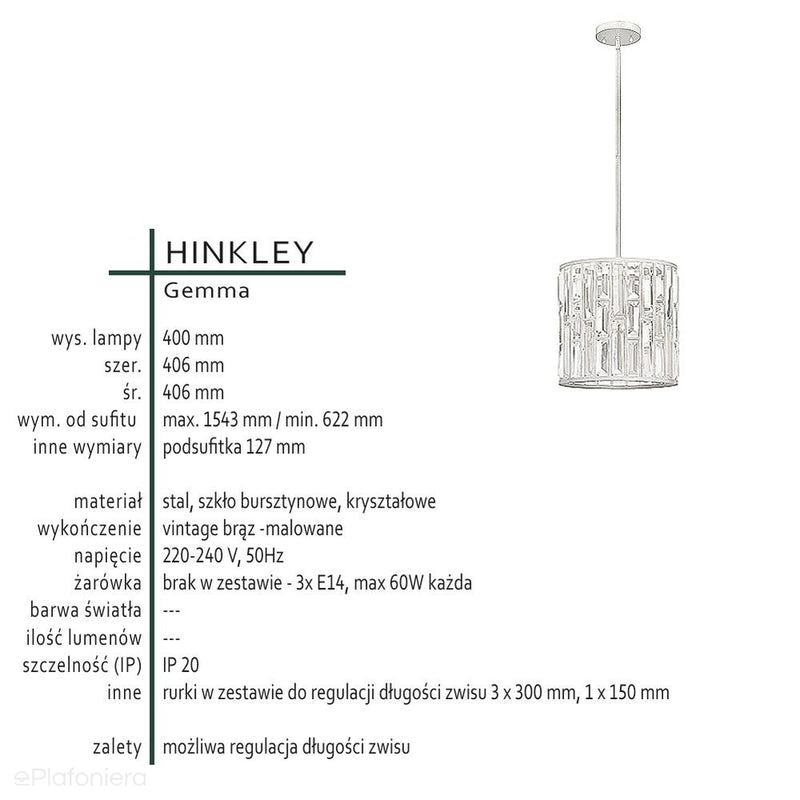 Lampa wisząca Gemma ze szkłem bursztynowym i kryształowym - Hinkley 40cm (vintage brąz, bursztyn, kryształy, 3xE14)