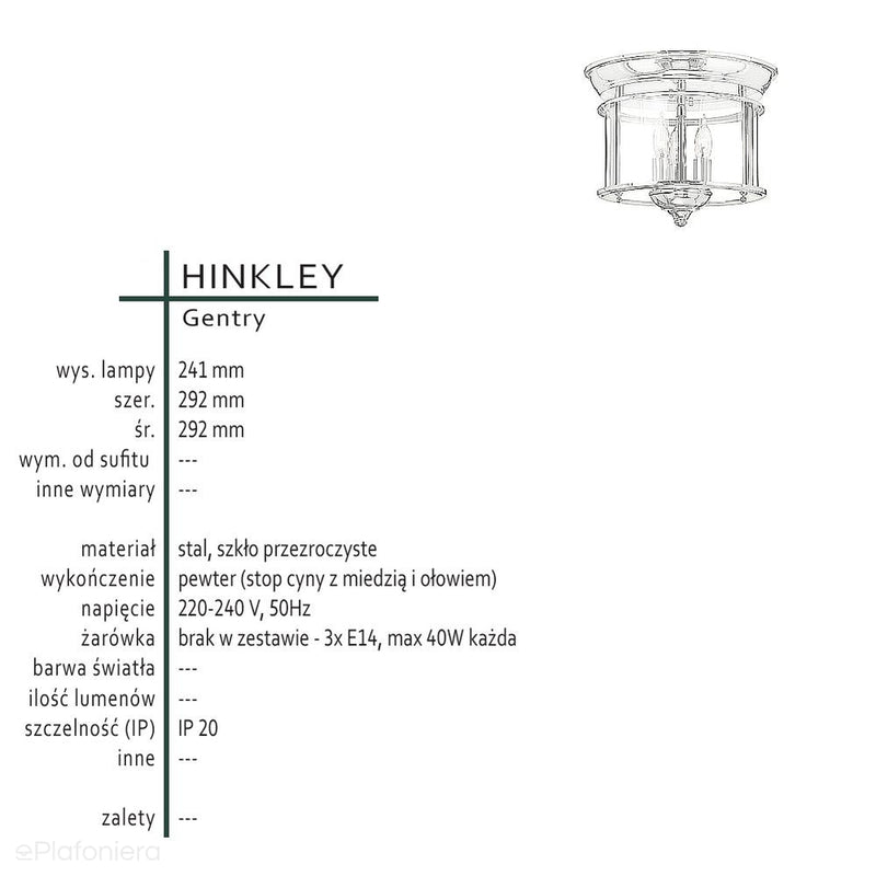 Sufitowa latarnia 29cm (pewter) lampa - plafon do salonu kuchni sypialni łazienki (3xE14) Hinkley (Gentry)