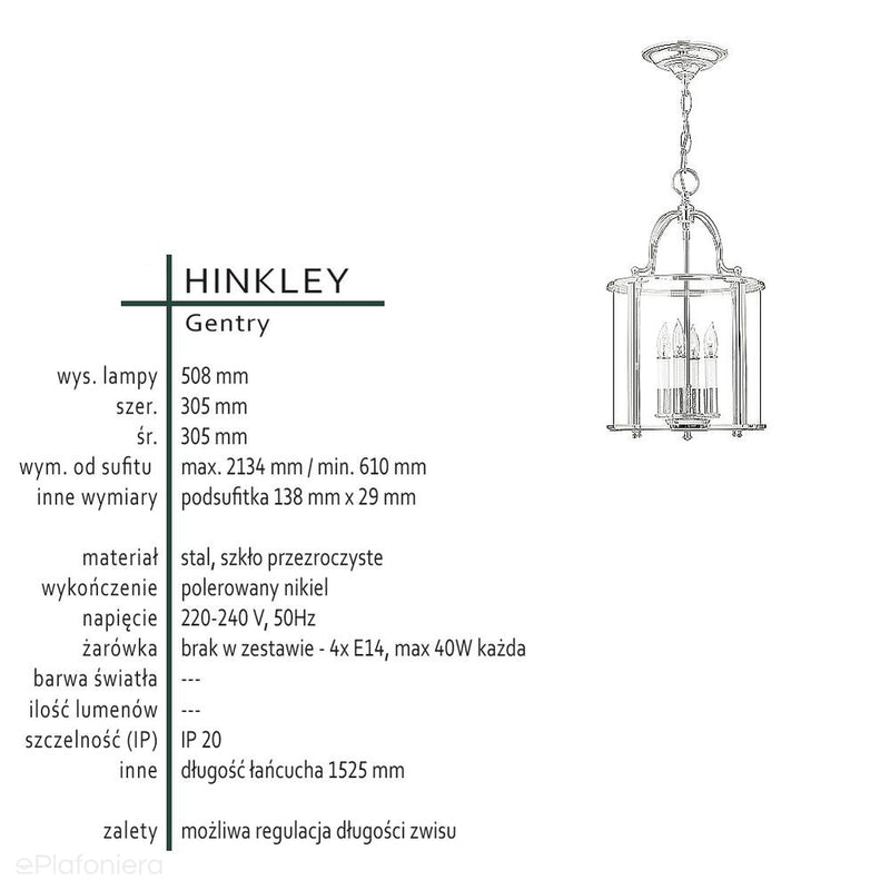 Wisząca latarnia 30cm (nikiel) lampa do salonu kuchni sypialni łazienki (4xE14) Hinkley (Gentry)