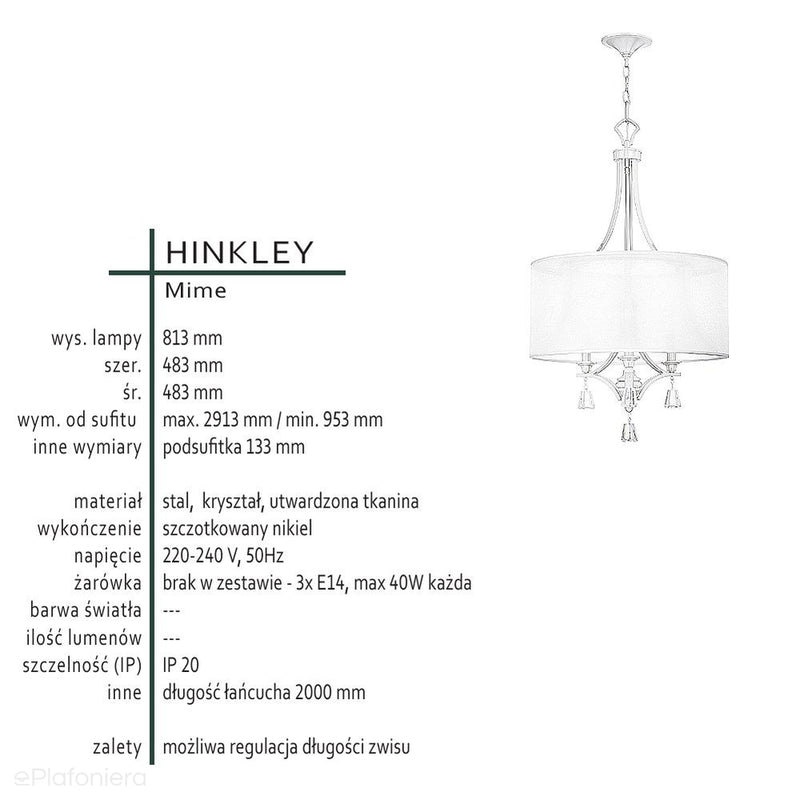 Lampa wisząca 48cm (nikiel, utwardzony abażur, kryształy) do sypialni salonu (3xE14) Hinkley (Mime)