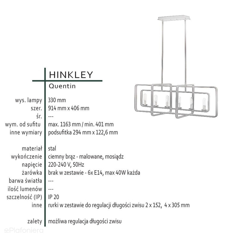 Industrialna, loftowa lampa wisząca Quentin do jadalni / nad stół - Hinkley, 90x40cm (ciemny brąz + mosiądz)