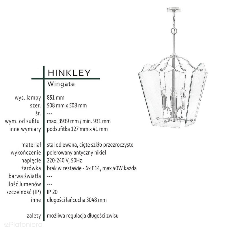 Szklana lampa wisząca (50x50cm) świecznik do salonu kuchni sypialni (6xE14) Hinkley (Wingate)