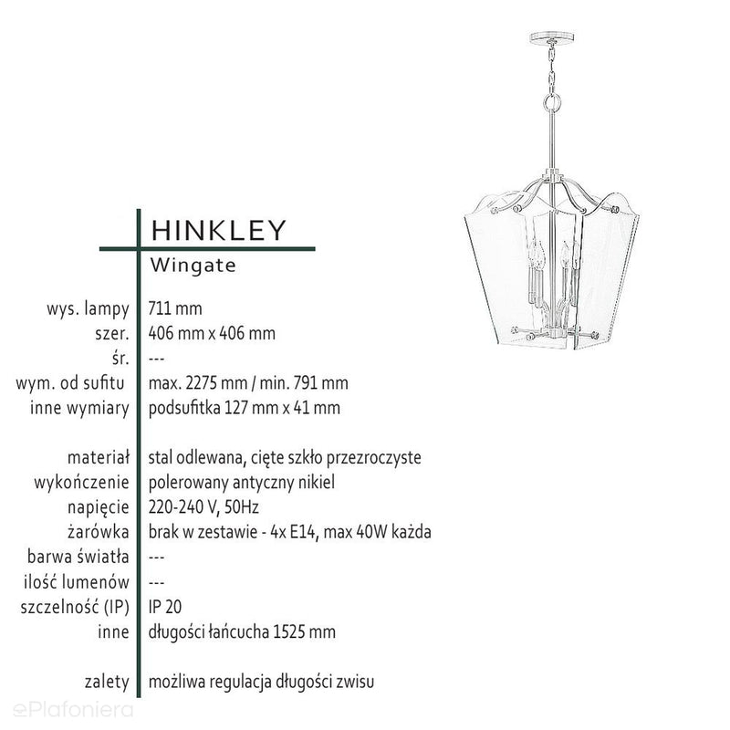Szklana lampa wisząca (40x40cm) świecznik do salonu kuchni sypialni (4xE14) Hinkley (Wingate)