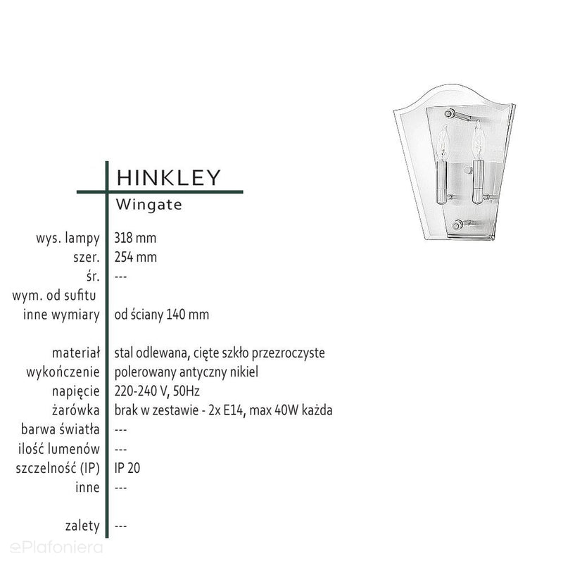 Szklana lampa ścienna, kinkiet do salonu kuchni sypialni (2xE14) Hinkley (Wingate)