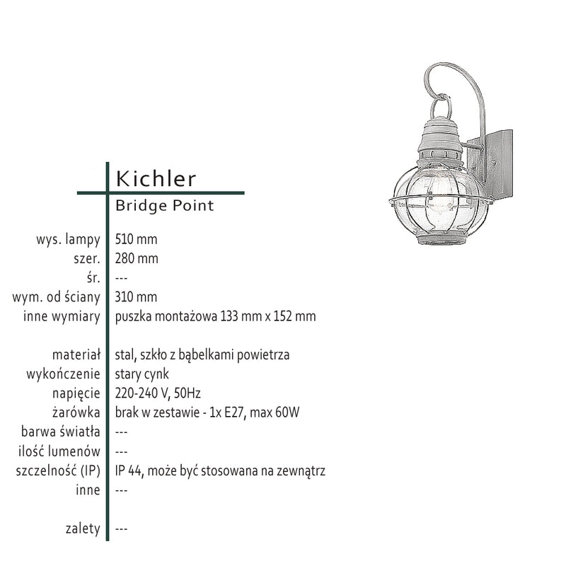 Metalowa latarnia Bridge Point L - Kichler, lampa loftowa / ścienna, kinkiet 1xE27