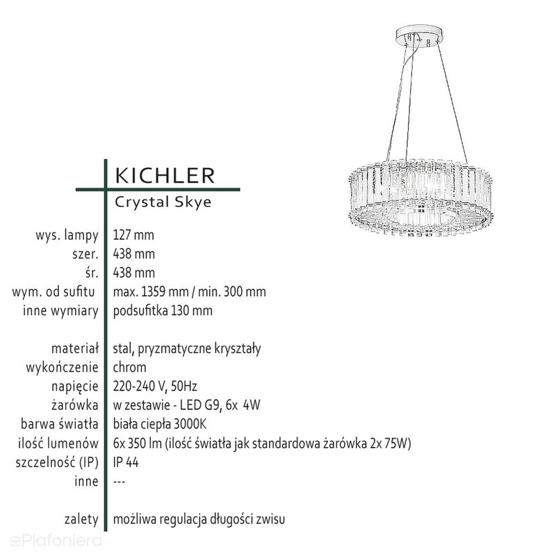 Lampa wisząca kryształowa Crystal, Kichler (43 cm, IP 44)