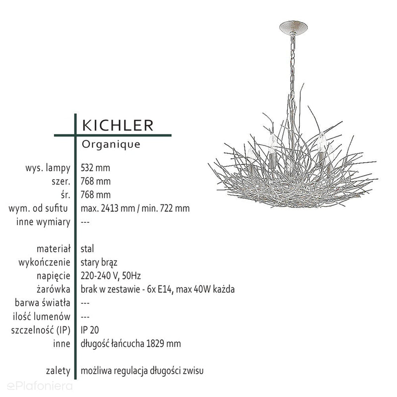 Druciana lampa wisząca - stary brąz (76cm) do salonu sypialni łazienki (6xE14) Kichler (Organique)