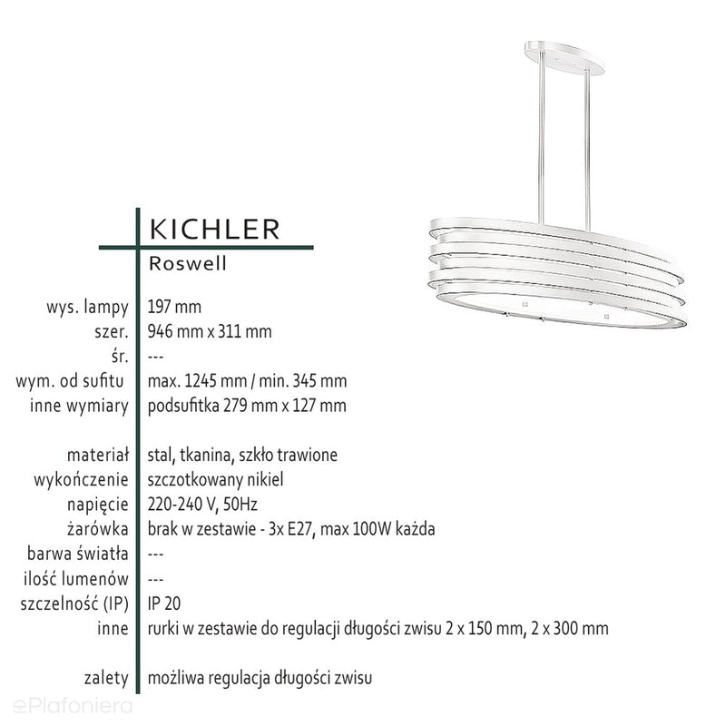 Metalowa lampa 95x30cm, wisząca - nikiel, żyrandol do salonu sypialni (3xE27) Kichler (Roswell)