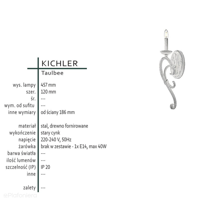 Lampa ścienna - zamkowy kinkiet (drewno, metal) do salonu holu (1xE14) Kichler (Taulbee)