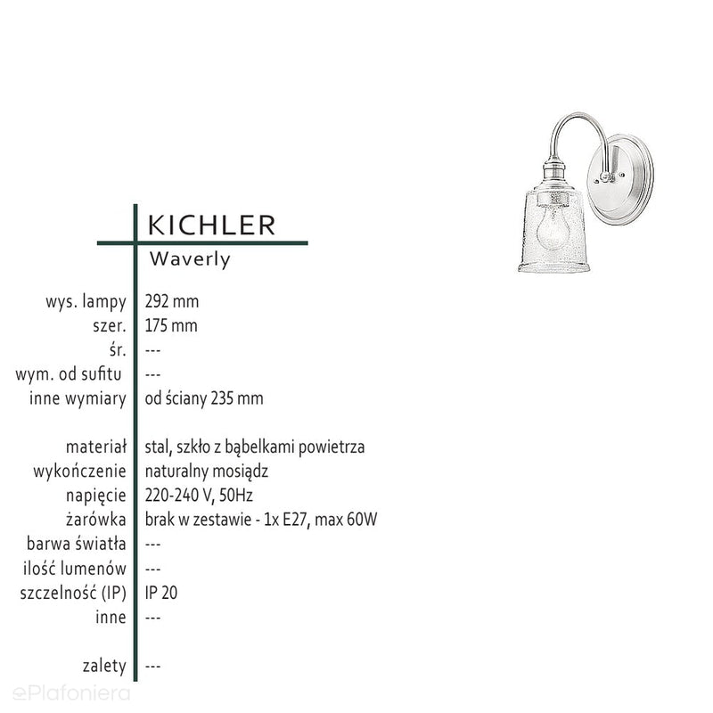 Lampa ścienna - vintage (mosiądz) kinkiet do jadalni sypialni łazienki (1xE27) Kichler (Waverly)