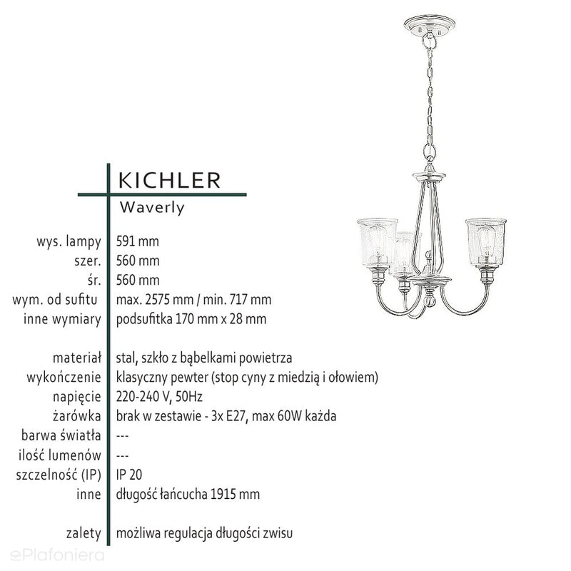 Żyrandol w stylu klasycznym do jadalni / salonu Waverly (pewter, 56cm) -Kichler (3xE27)