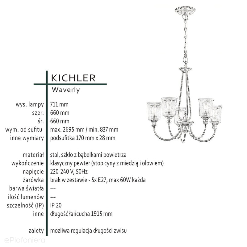 Lampa wisząca żyrandol - vintage (pewter, 66cm) do salonu sypialni łazienki (5xE27) Kichler (Waverly)