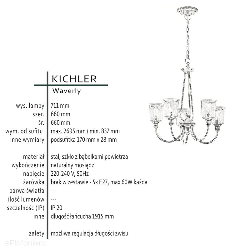 Lampa wisząca, żyrandol Waverly (naturalny mosiądz, 66cm) do salonu / sypialni - Kichler (5xE27)