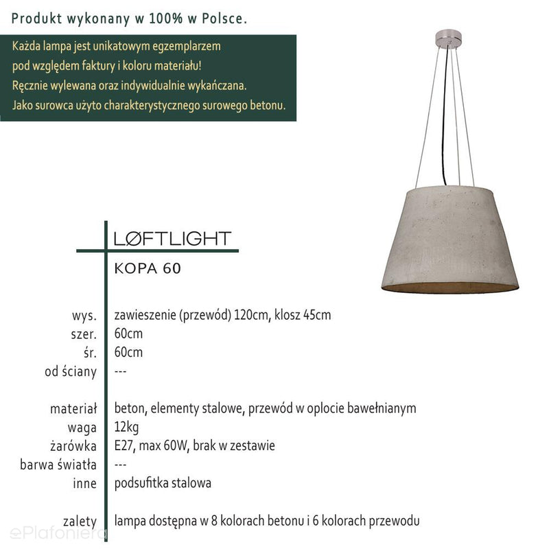 Betonowa lampa do salonu kuchni - wisząca nowoczesna industrialna (1xE27) (Kopa 60) Loftlight