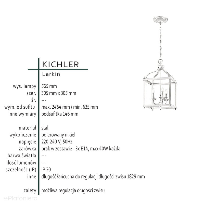 Wisząca metalowa latarnia świecznik 30x30cm (szczotkowany nikiel) do kuchni salonu (3xE14) Kichler (Larkin)