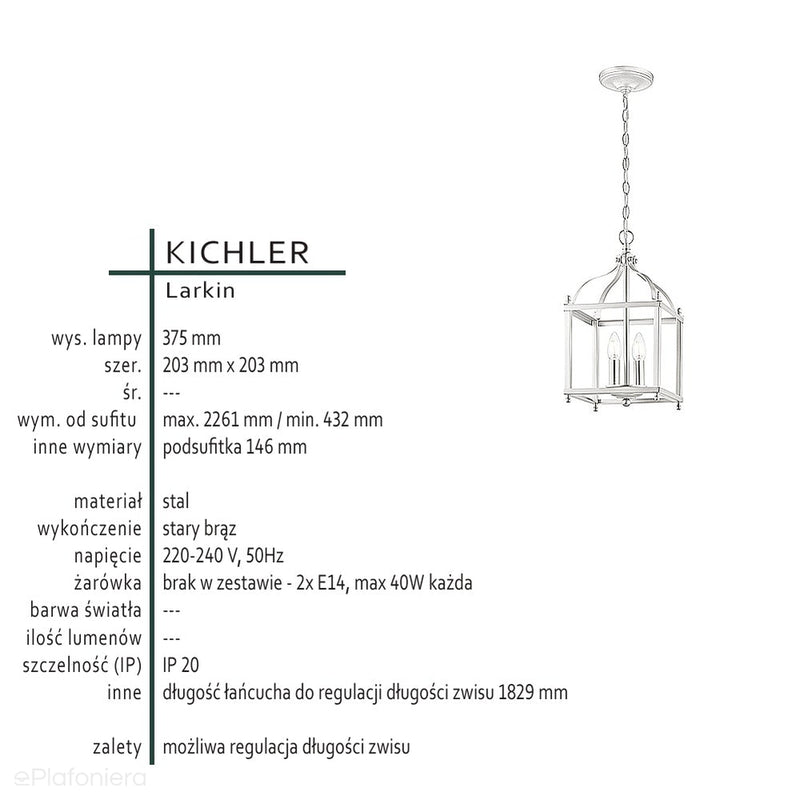 Wisząca metalowa latarnia świecznik 20x20cm (stary brąz) do kuchni salonu (2xE14) Kichler (Larkin)