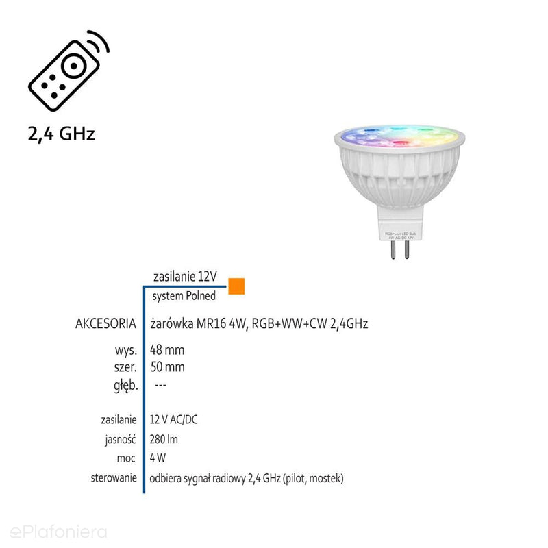 Inteligentna żarówka MR16 4W, RGB+WW+CW 2,4GHz - AKCESORIA systemu 12V LED Polned (8814402)