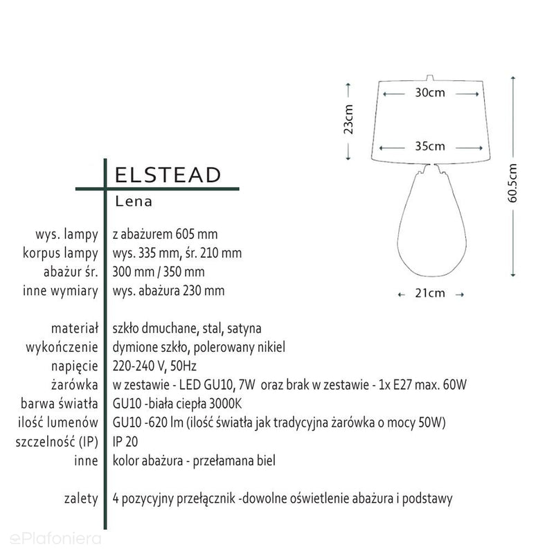 Lampa stołowa / nocna Lena z przełącznikiem - Elstead (dymione szkło, 1xE27, 1xGU10)