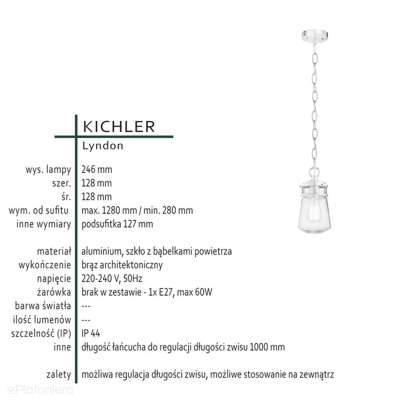 Lyndon - lampa wisząca do wewnątrz i na zewnątrz - Kichler (stary brąz)