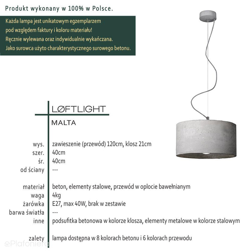 Betonowa nowoczesna industrialna lampa wisząca - do salonu kuchni (1xE27) (Malta) Loftlight