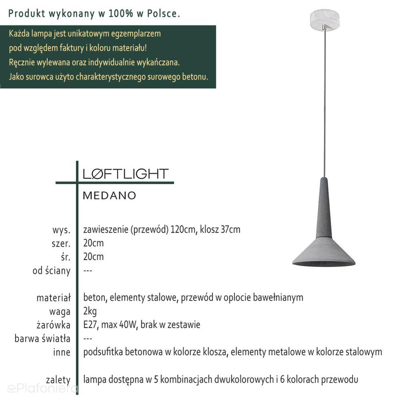 Betonowa lampa dwukolorowa - wisząca nowoczesna industrialna, do salonu kuchni (1xE27) (Medano) Loftlight