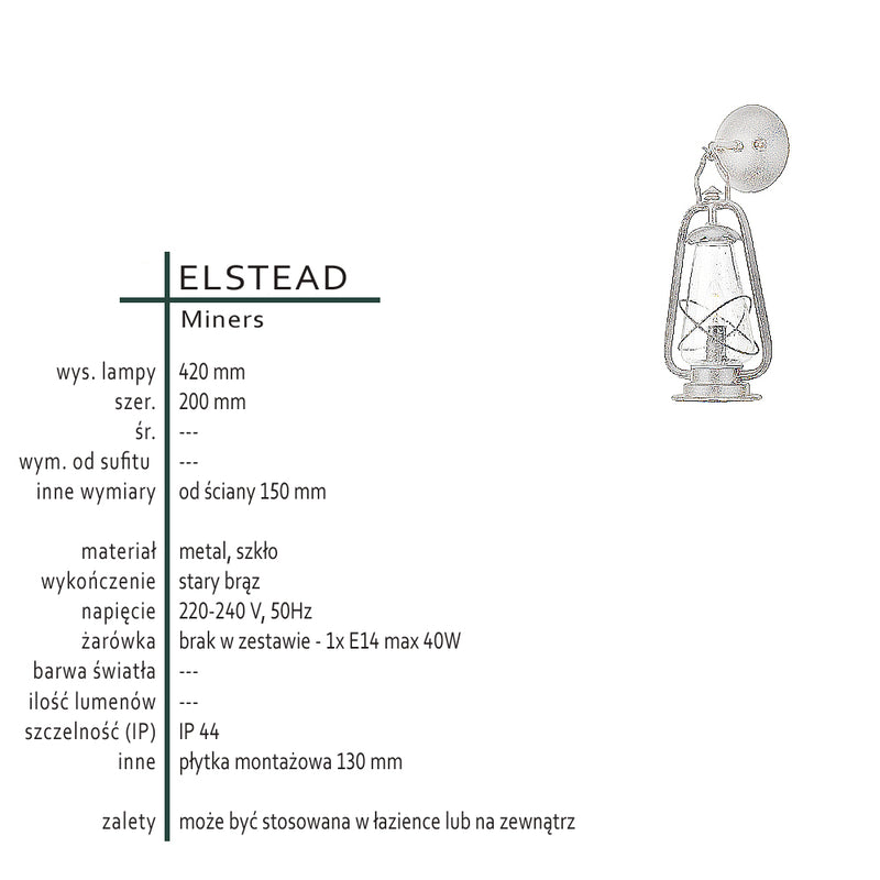 Zewnętrzna latarnia, metalowa lampa ścienna, 1xE14 Elstead (Miners)