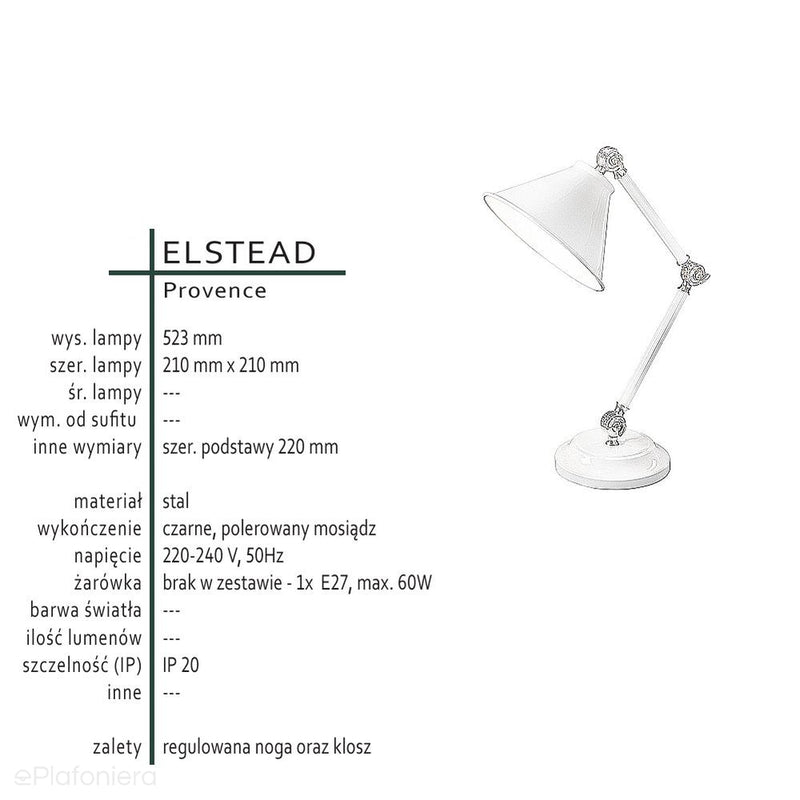 Lampa biurkowa Provence (polerowany mosiądz) - Elstead (1xE27)