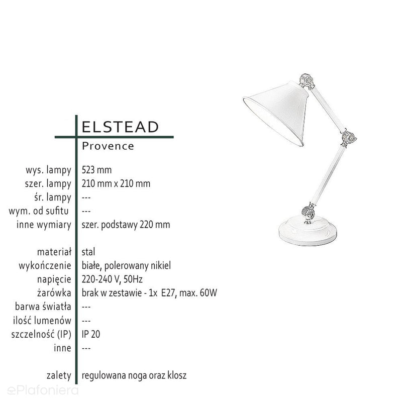 Lampa biurkowa / stołowa Provence (biała - polerowany nikiel) - Elstead (1xE27)