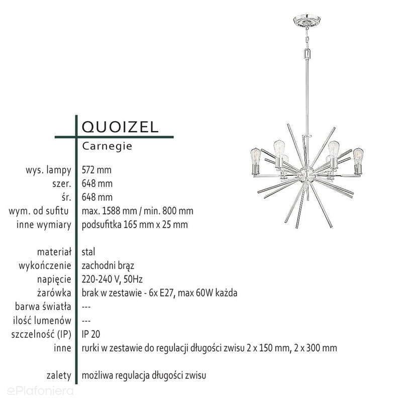 Loftowy żyrandol Carnegie - Quoizel, brąz (65cm, 6xE27)