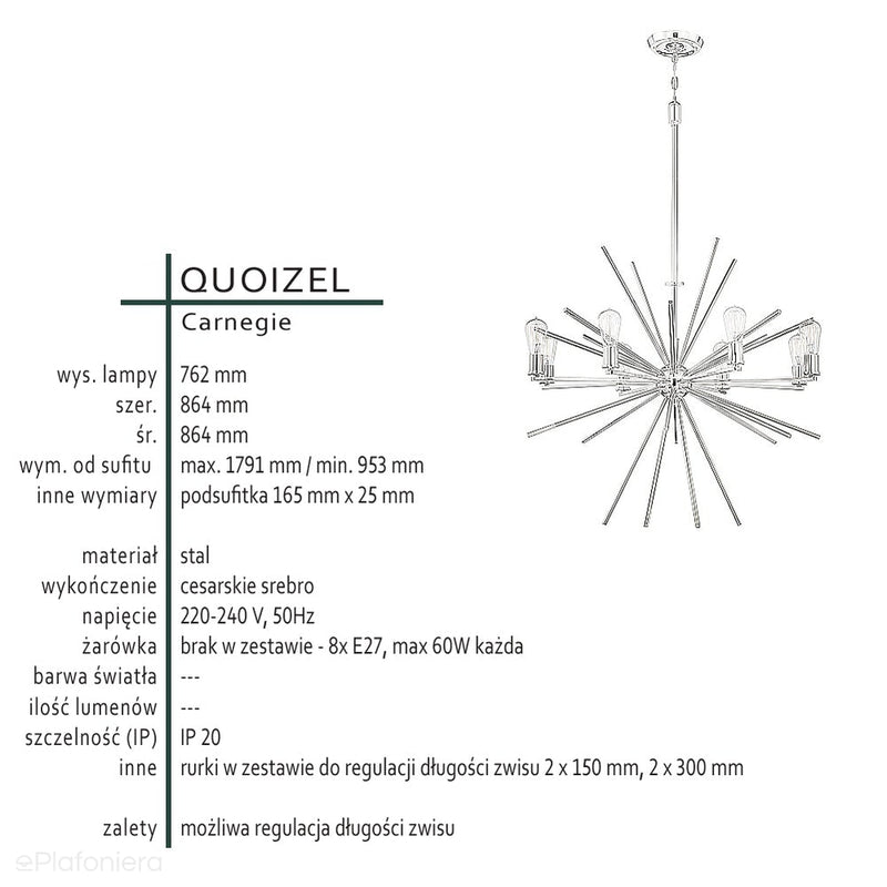Nowoczesny żyrandol Carnegie ze srebrem - Quoizel (86cm, 8xE27)