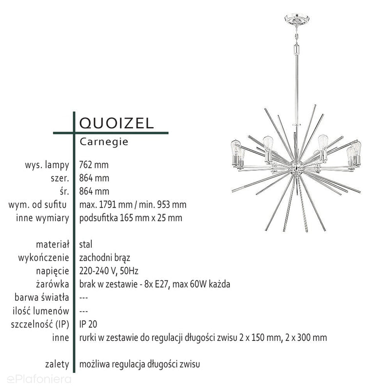 Żyrandol do jadalni Carnegie - Quoizel, brąz (86cm, 8xE27)
