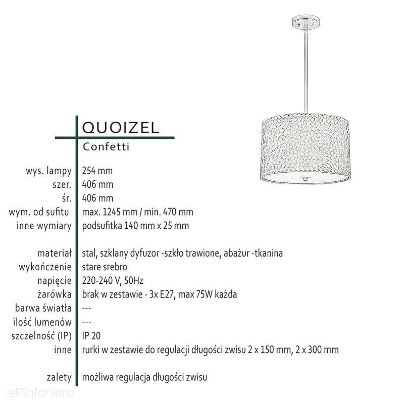 Dekoracyjna lampa wisząca Confetti (stare srebro) - Quoizel (40cm, 3xE27)