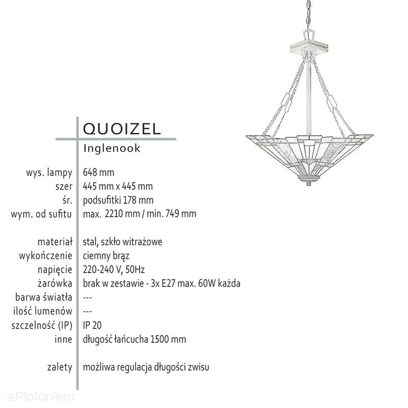 Lampa wisząca w stylu Tiffany ze szkłem witrażowym, Inglenook, Quoizel