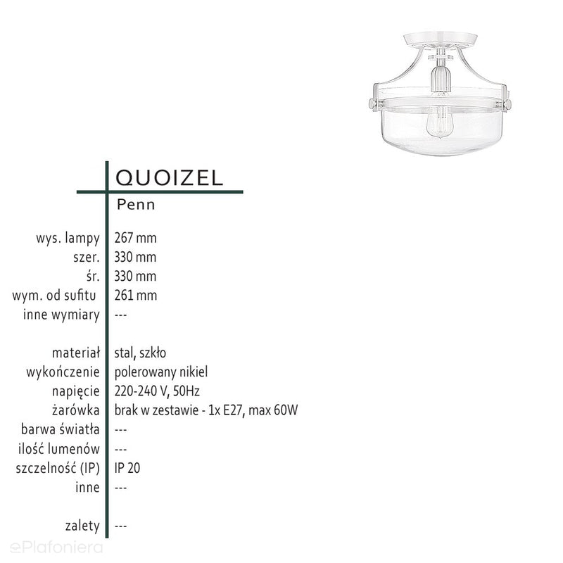 Szklana lampa (nikiel) sufitowa 33cm (1xE27) do kuchni sypialni salonu, Quoizel (Penn)