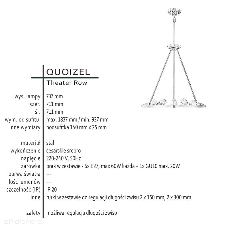 Lampa wisząca - na kole (srebrna) żyrandol do salonu sypialni kuchni (6xE27) Quoizel (Theater)
