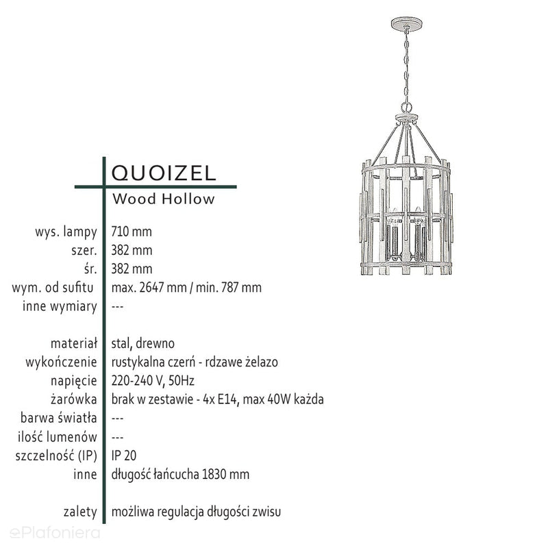 Rustykalna lampa wisząca Wood do pokoju / salonu / jadalni (drewno, metal) - Quoizel, 38cm, 4xE14