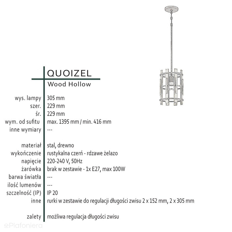 Rustykalna lampa wisząca Wood (drewno, metal) - Quoizel, 23cm / 1xE27