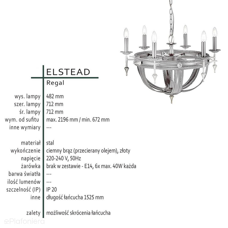 Lampa wisząca na łańcuchu 70cm - żyrandol, świecznik do salonu sypialni (6xE14) Elstead (Regal)