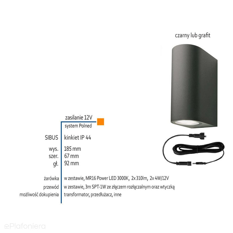Lampa zewnętrzna - kinkiet, ogrodowa grafit/czarny IP 44 (2x4W, 3000K) (system 12V LED) Sibus